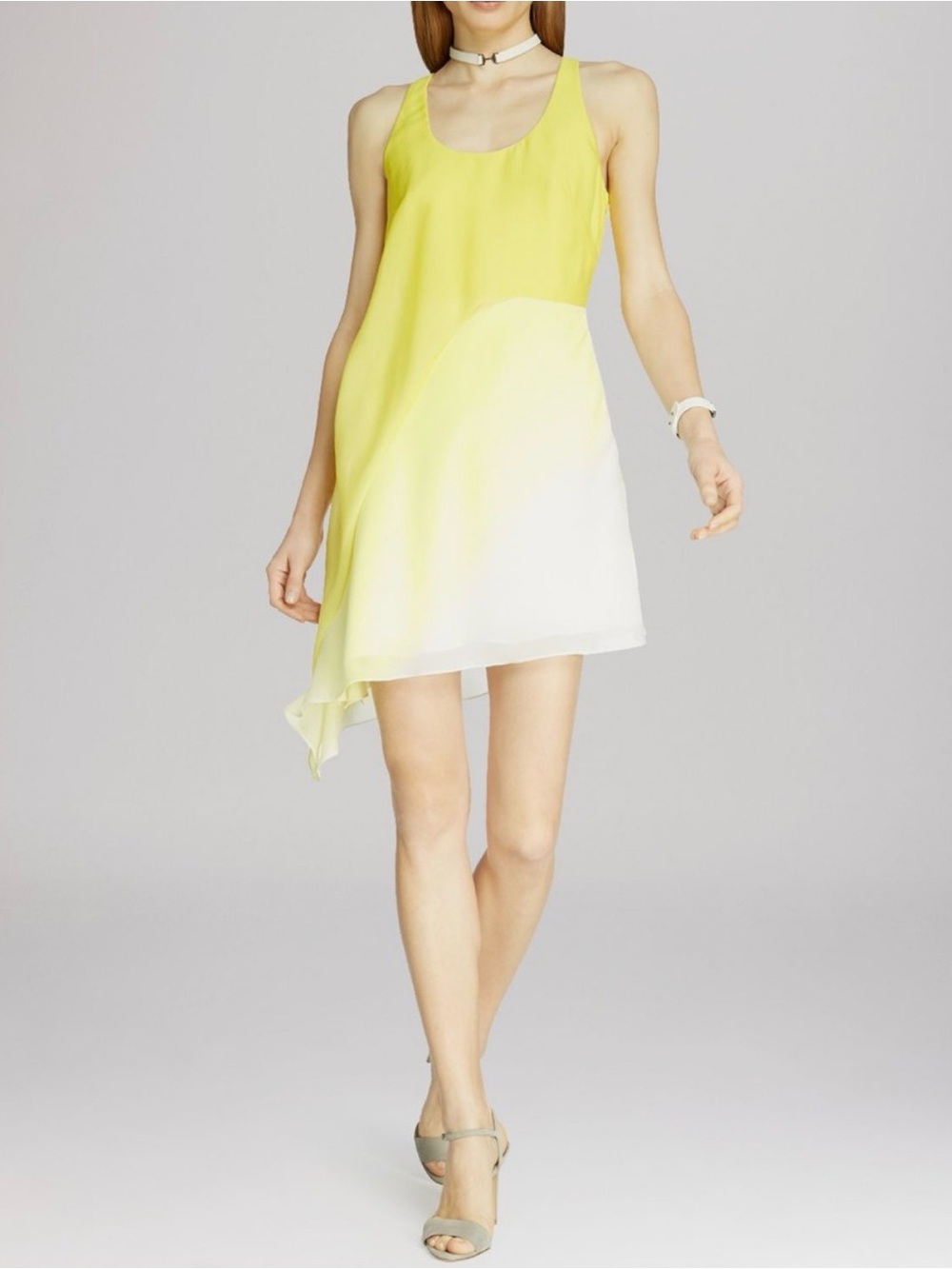 Halston Heritage Yellow White Ombre Chiffon Draped Layered Asymmetrical Dress 4